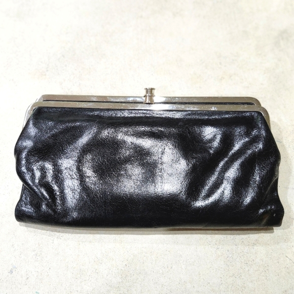 HOBO Lauren Clutch Wallet in Black Polished Leather - Picture 1 of 8